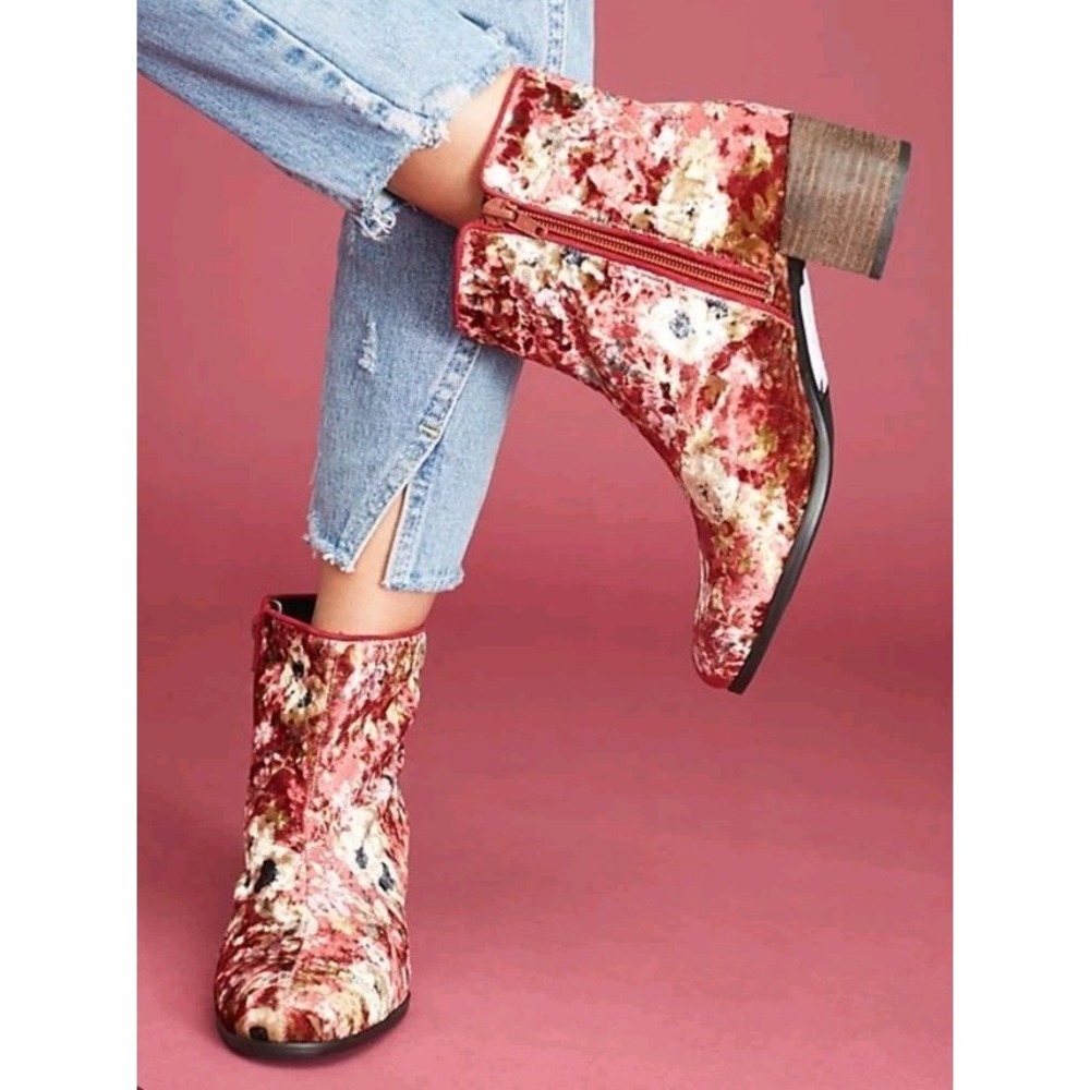 Anthropologie Elysess Spain Floral Velvet Ankle Boots Booties Sz‎ 36